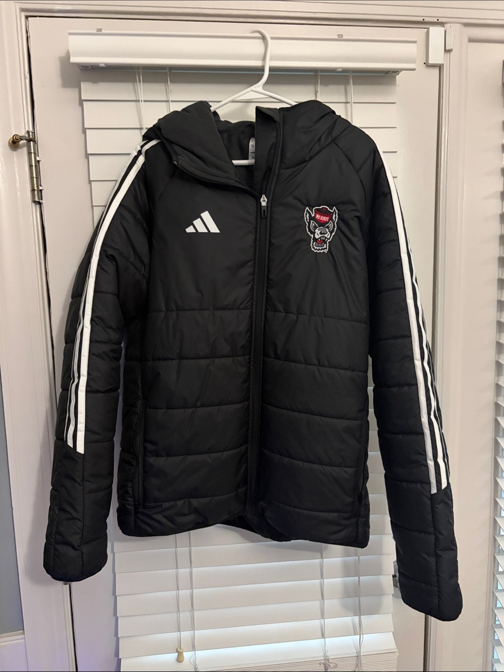adidas Black Hooded Puffer Jacket with White Stripe Details